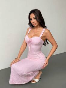 xheSHEIN PETITE Vestido camisero ajustado con estampado floral de encaje de unicolorxhe - Rosa - Ver 4