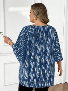 SHEIN CURVE+ 大码女式圆领印花休闲日常中袖衬衫 - 藍色 - 查看 2