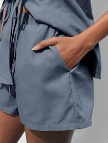 Maija 女款純色前綁帶掛脖上衣與短褲休閒兩件套 - 藍色 - 查看 7
