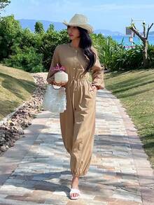 DAZY Combinaison ample pour femme avec manches lanternes et taille resserrée, couleur unie minimaliste, tenue de détente - Camel - Voir 9