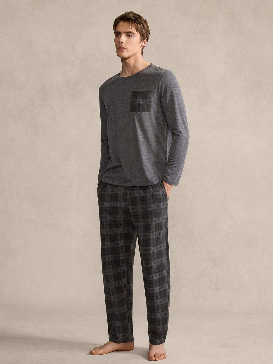 EverLounge Men's Plaid Print Long Sleeve Top And Pants Pajama Set, Spring/Autumn - Dark Grey - View 1
