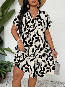 SHEIN LUNE 大码女式休闲V领短袖植物印花度假连衣裙 - 彩色 - 查看 1