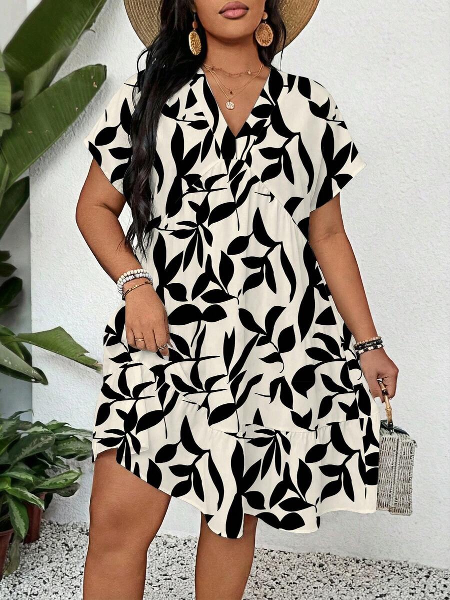 SHEIN LUNE 大码女式休闲V领短袖植物印花度假连衣裙 - 彩色 - 查看 1