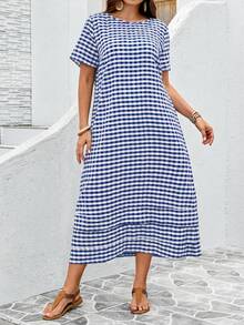 EMERY ROSE Plus Size Women Casual Plaid Print Short Sleeve Dress - Navy Blue - View 3