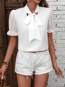 SHEIN Clasi Áo sơ mi ngắn tay đơn sắc tối giản dành cho nữ, thích hợp mặc hàng ngày. - trắng - Xem 5