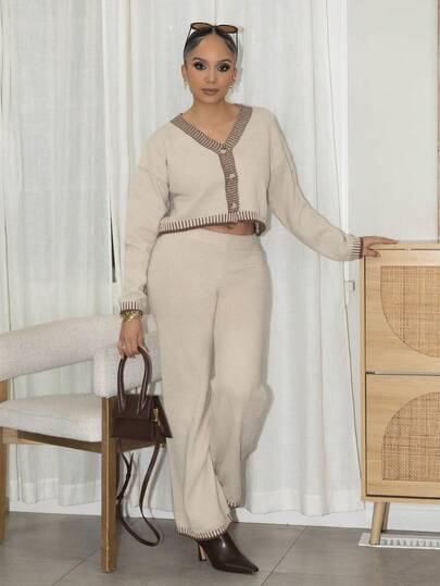 Melissa Matos 2pcs/Set Women Striped Long Sleeve Cardigan And Long Pants Knitwear Suit In Fall/Winter