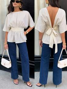 Seusyu Women's Striped Round Neck Batwing Short Sleeve Backless Tie Front Fashion Blouse - Apricot - View 7