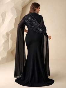 Coutiva Plus Size Elegant Mesh Patchwork Sequin Fishtail Hem Formal Evening Gown, Autumn Black Long Dress With Cape Black Formal Evening Gown Curve Formal Evening Gown Black Long Black Long  Formal Dress Black Long Formal Dress Valentines Dress Elegant Dress Sequin Dress Floral Dress  Graduation Ceremony, School Opening, Music Festival, Birthday Party, Wedding, Afternoon Tea Gathering, Ball - Black - View 2