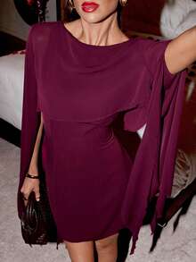 Lavishia Elegante vestido con chal de cuello redondo ajustado en color púrpura - Morado - Ver 1