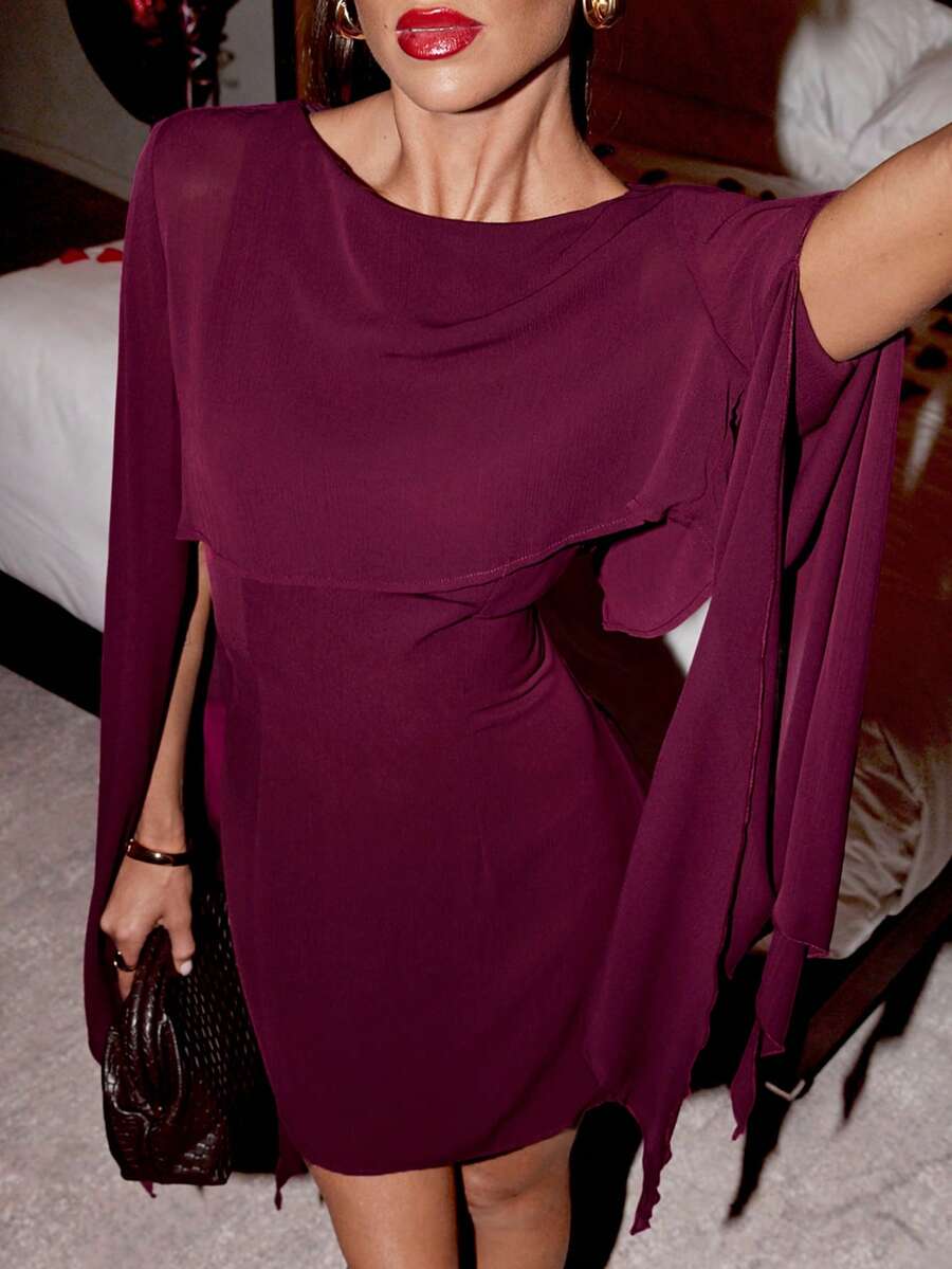 Lavishia Elegante vestido con chal de cuello redondo ajustado en color púrpura - Morado - Ver 1