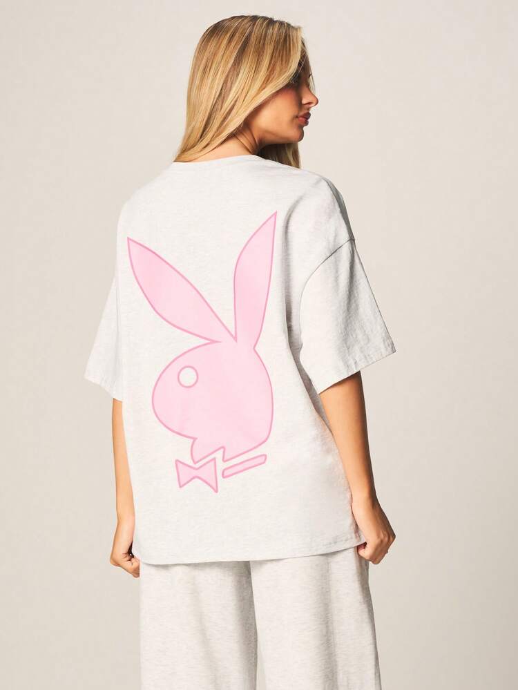 Missguided x Playboy Oversized Graphic T Shirt With Front Text Print And Back Bunny Logo Design Crew Neck Short Sleeve Cotton Blend Casual Top