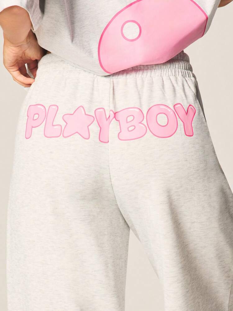 Missguided x Playboy Wide Leg Graphic Joggers With Drawstring Waist Pink Bunny Logo Print Relaxed Fit Casual Sweatpants Loungewear