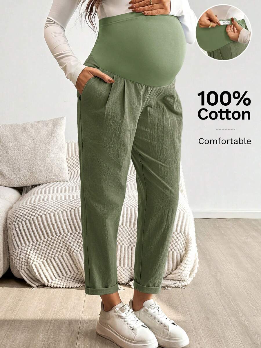 SHEIN Quần bầu dáng ôm, màu trơn, cạp chun điều chỉnh được, túi bên hông, thích hợp mặc hàng ngày đi làm. - màu xanh lá - Xem 1