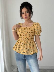 Elenzga 女士优雅碎花修身衬衫 - 黃色 - 查看 4