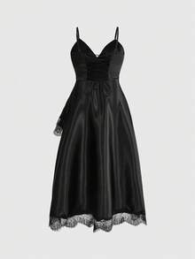 ROMWE Gaun Pesta Pernikahan Gothic Musim Panas, Leher V Dalam, Hem Asimetris, Ruffle, Satin & Patchwork Renda, Ukuran Plus untuk Wanita - Hitam - View 9