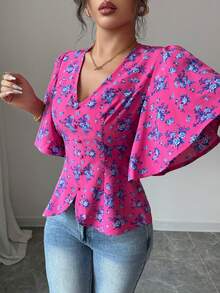 Elenzga 女士优雅花卉V领褶皱腰部荷叶边A字印花衬衫，适合春夏通勤、休闲、度假、下午茶等场合。 - 玫紅色 - 查看 5