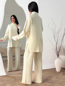 EURMUSE Ribbed Knit Two Pieces Set, Half-Zip Top, Long Sleeve Design, Wide-Leg Pants, Soft Stretchy Fabric, Minimalist Casual Style, Comfortable Everyday Wear - Beige - View 2