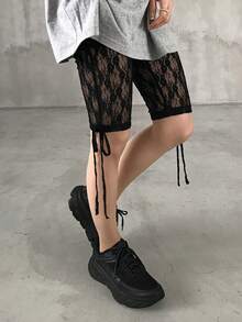 FRIFUL Quần legging nữ màu trơn, viền ren, thắt nơ ở eo, thích hợp cho mùa hè. - màu đen - Xem 4