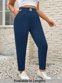 SHEIN PETITE CURVE Plus Size Women's Letter Embroidered Pockets Casual Tapered Pants - Royal Blue - View 1