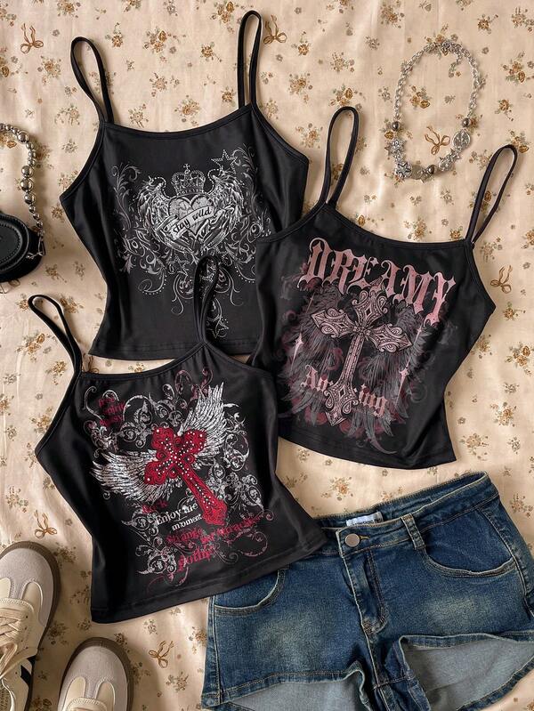 SHEIN 3pcs Punk Style Camisole Set: Rhinestone Heart Crown + Rivet Wing Iris + Gothic Cross Letter Print, Slim Fit, Thin Fabric, Elastic Waist, Suitable For Streetwear, Party, Retro Style, All Seasons