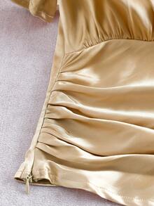 GlowEve Women's Plain Minimalist Casual Pleated Short Sleeve Blouse - Champagne - View 4