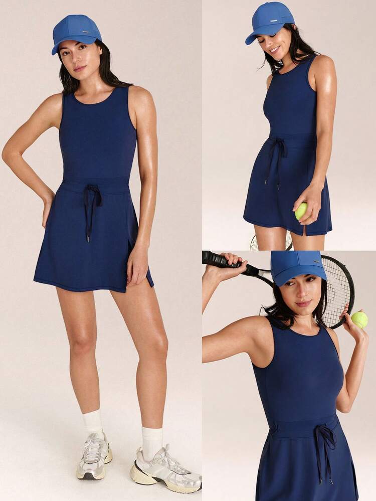 Everyday Moves Crewneck Drawstring Waist Open Back Side Split Hem Built-In Shorts Pockets Anti-Slip Grips Active Dress Daily Casual Street Wear