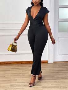 Xyvia Bộ jumpsuit nữ màu trơn cổ chữ V, dây đeo vai, thắt eo, ống rộng - màu đen - Xem 5