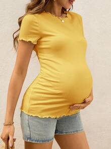 SHEIN 孕妇夏季白色罗纹荷叶边修身短袖上衣 - 黃色 - 查看 7