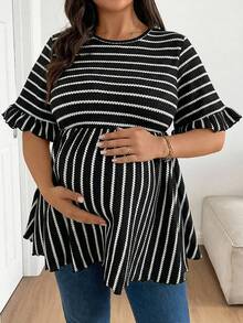 Plussiva 大码孕妇条纹印花圆领休闲短袖上衣 - 黑色 - 查看 3