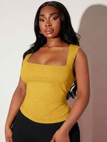 SHEIN SXY 大码简约纯色方领紧身吊带背心，夏季 - 黃色 - 查看 3