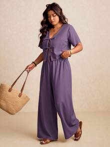 Elaquor Plus Size Purple V-Neck Raglan Short Sleeve Loose 2 Pieces Set Holiday Vacation Summer Tropical Boho - Purple - View 2