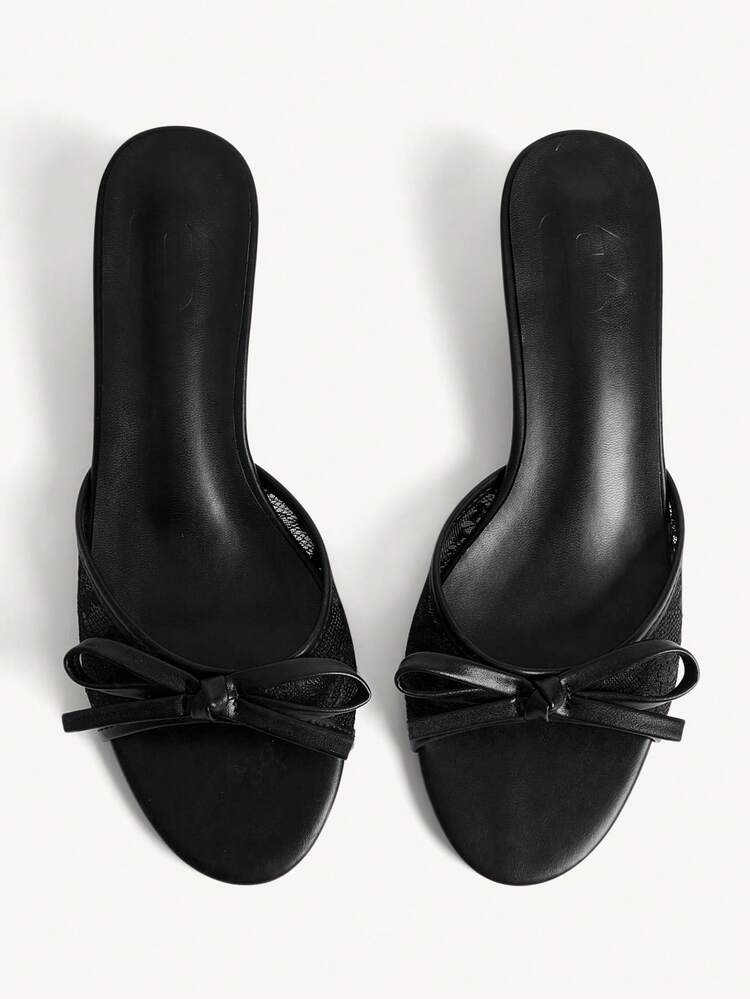 CUCCOO CHICEST Women Shoes Black PU Mesh Splicing Fashionable Elegance Comfortable Spring And Summer Bow Elements Kitten And Slippers Summer Shoes