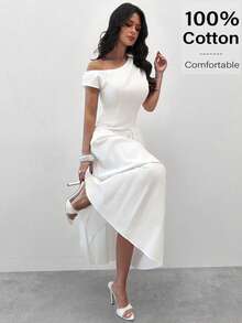 Firerie 女士优雅精致新款简约百搭日常通勤连衣裙，适合情人节约会、派对、婚礼和正式场合，100%棉麻竹纤维不对称下摆中长连衣裙 - 白色 - 查看 4