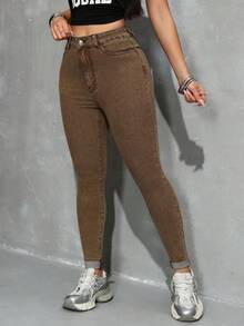 SHEIN EZwear Women's Casual Everyday Pockets Button Denim Jeans - Brown - View 3