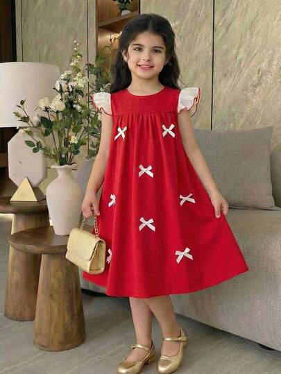 SHEIN Young Girl Woven Dual-Color Round Neck Ruffle Bowknot Casual Dress Red  Dress Young Girl Summer Red Dress Young Girl Elegant Solid Color 3d Bow Ruffle Strap Casual Dress Red Dress With Bows Young Girl/Toddler Ruffle Sleeve Dress Lace Dress, Gorgeous Princess, Formal Wear, Sibling Outfit, Party Dress, Birthday Sister Outfit, Suitable For Girls Daily Wear, Festivals, Family Gatherings And Special Occasions, Sibling Style, Spring/Summer, Cute, Elegant, Sweet, Retro, Fashionable. Mother And Daughter