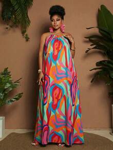 Maweii 大码女式夏季不对称多色印花可调节肩带A字度假无袖连衣裙 - 彩色 - 查看 3