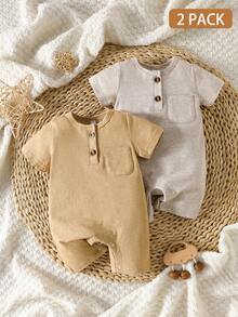 SHEIN Bộ 2 áo liền quần ngắn tay cho bé sơ sinh, màu trơn, mềm mại và thoải mái, thích hợp làm quà tặng, thiết yếu cho mọi bé, phù hợp cho mọi mùa và hoạt động ngoài trời. - Màu vàng - Xem 2