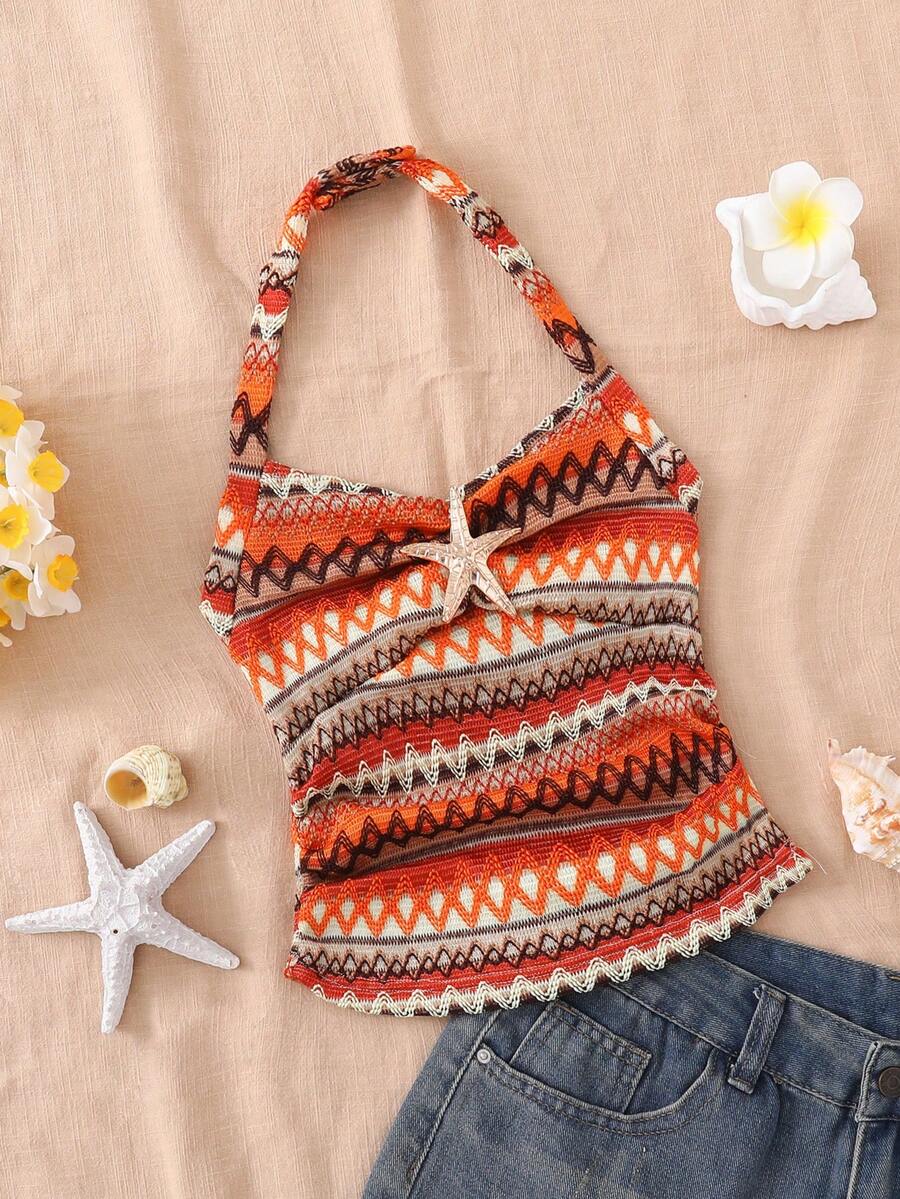 SHEIN Weißer Seestern Träger Neckholder Camisole | Kurzer geraffter figurbetonter abnehmbarer Schleifen-Top, geeignet für Tween-Mädchen, kurzer Stil frisch und ordentlich mit Seestern Dekor + Perlenkette | Maritimer Stil süße Elemente, mit exquisitem Träger Neckholder Design + abnehmbarer Schleife | Flexibler Stil, kann Trageweise angepasst werden geraffter figurbetonter Stoff | Passform ohne Enge, bequem und modisch - Verschiedenfarbig - Übersicht 1