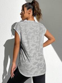 Seamluxe SHEIN Sport 女士印花简约休闲短袖运动T恤 - 灰色 - 查看 2