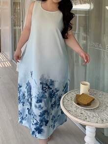 Dazy Plus Piyama Tidur Kasual Tanpa Lengan Leher Bulat Motif Bunga untuk Wanita Ukuran Besar - Biru - View 2