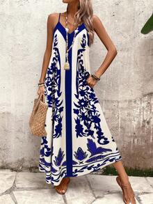 EMERY ROSE Women's Printed Loose Fit Sleeveless Dress, Casual For Holiday And Daily Wear Vacation Blue Floral Summer - Multicolor - View 4