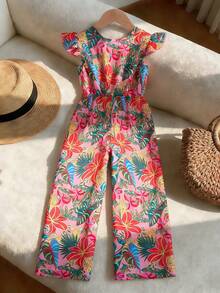 Young Girls Jumpsuit Printed Design Vacation Bow Back Design Casual Long Pants - Multicolor - View 1