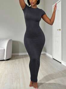 SHEIN Đầm ngắn tay màu trơn thời trang mùa hè dành cho nữ - Màu xám đen - Xem 5