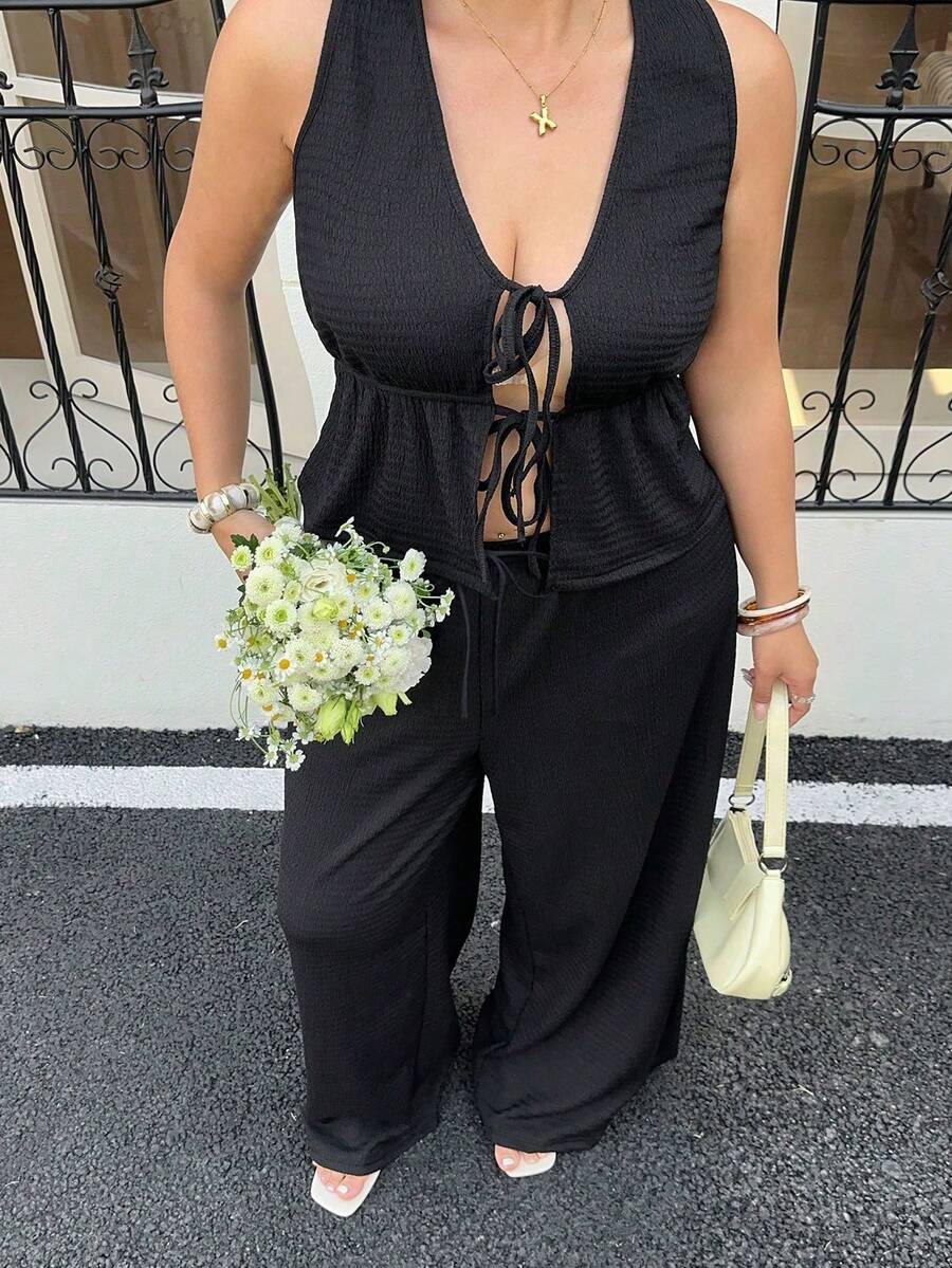 GalTyme Plus Size Women's Casual Everyday Commute Simple Solid V-Neck Tie Front Sleeveless Peplum Hem Top And Wide Leg Pants 2 Pieces Set, Spring/Summer - Black - View 1
