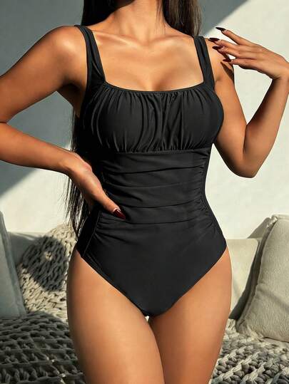 Swim Lushoire Women's Solid Color Ruched One-Piece Swimsuit, Suitable For Beach Vacation In Spring/Summer