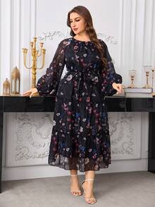 Modelyn Plus Size Women Star Print Elegant Dress, Spring - Black - View 6