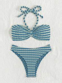 Swim Mod Bộ Bikini hai mảnh sọc khối màu dành cho kỳ nghỉ, bãi biển mùa hè - Màu xanh lam - Xem 2