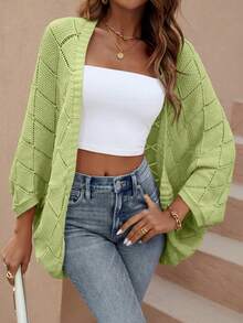 SHEIN LUNE Hollow Design Batwing Sleeve Casual Loose Knit Cardigan, Suitable For Vacation, Beach, Music Festival - Green - View 5