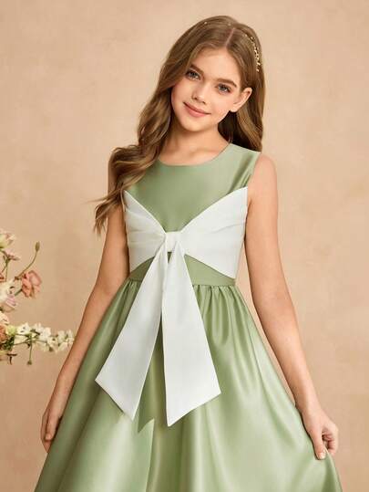 Tween Girl Contrast Color Patchwork Bow Tie Sleeveless Dress
