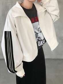 FRIFUL 女士休闲拼色条纹宽松夹克 - 黑色 - 查看 3